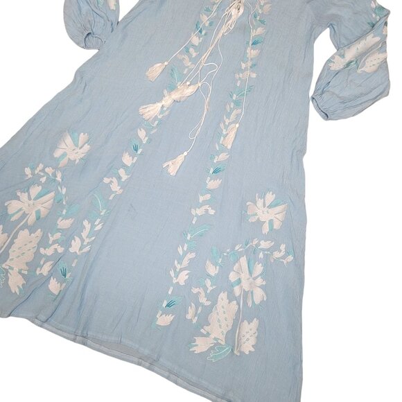 blue floral embroidered one size fits most oversized mumu maxi dress with tassel - Picture 5 of 5